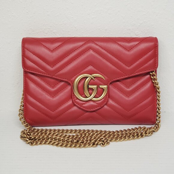 Gucci Marmont Red Chevron Gold Chain Clutch Crossbody Bag 550-100525 - Picture 1 of 16